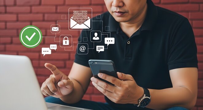 Digital communication and security concepts with smartphone and laptop technology