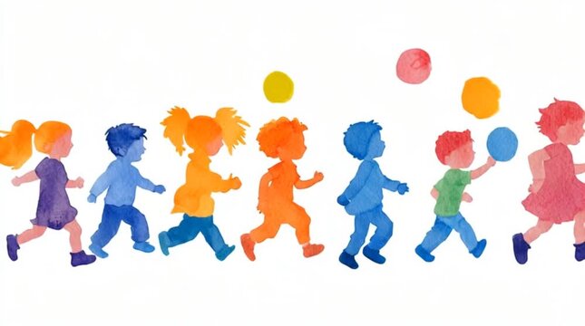 Colorful watercolor silhouettes of children running and playing in a line on a white background for preschool and education concepts