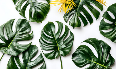 Fototapeta premium A flat lay composition of glossy green monstera leaves with a contrasting yellow palm frond on a clean white background.
