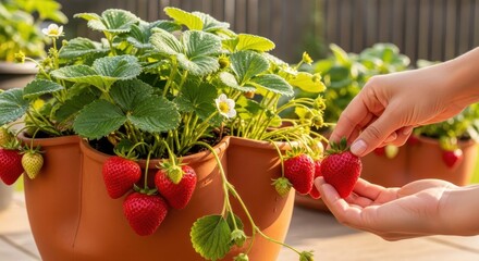Harvesting Fresh Strawberries Grown in Stackable Planter with Human Hands