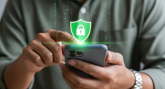 Mobile cybersecurity shield protects smartphone data from hacking and online threats well