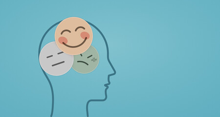 Positive thinking in mental health with various emotions represented by expressive faces, Emotion of mind, positive, angry, sad, happy, feelings, psychology, brain, Illustration of different emotions