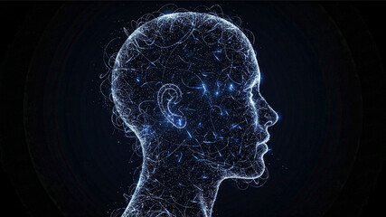 Obraz premium Abstract Digital Human Head Profile: Glowing Particle Network, Futuristic AI Concept, Dark Background