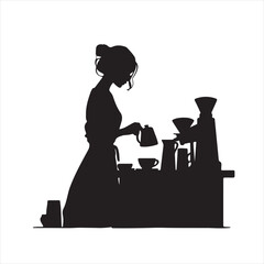 Silhouette of a Woman Making Coffee - Vector Illustration