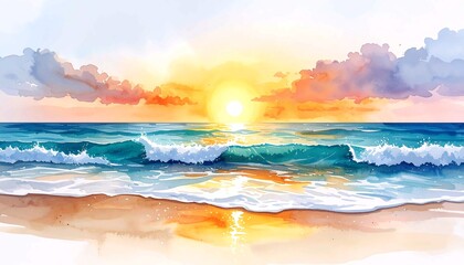 A Serene Sunrise or Sunset Watercolor Painting on the Beach, with Gentle Ocean Waves Crashing on the Sandy Shore, Ideal for a Calm and Peaceful Background