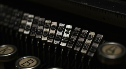 Vintage Typewriter Keys: Close-up of Worn Metal Type with the word 'thought' visible