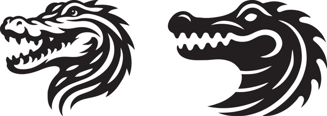A vibrant vector illustration of a tribal wolf and lion with open mouths, their teeth and red tongues showing in a fun, cartoonish smile