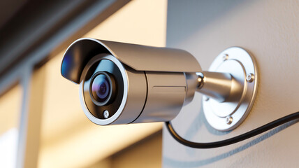 A close-up photograph of a modern security camera mounted on a white wall. The camera is a bullet-style design with a metallic silver finish.