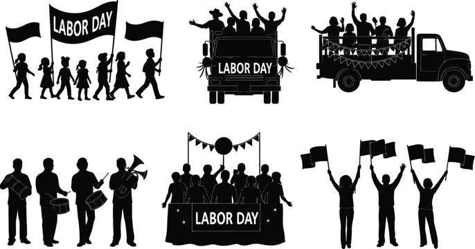 Vector art of labor day parade with people and banners isolated on white background vector