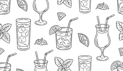 Vector seamless pattern featuring cocktail glasses, lemon slices, and mint leaves. Line art style texture. Ideal for textile prints, wrapping paper, menu backgrounds, or summer designs.