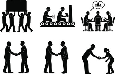 Vector art of silhouettes of workers collaborating in various industries isolated on white background vector