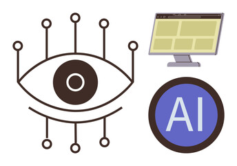 Large eye with digital nodes, purple AI text in a circle, and monitor with structured layout. Ideal for AI, machine learning, innovation, data, analytics, surveillance automation simple flat