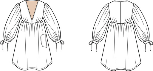 Fashion flat sketch of boho tunic dress with puff sleeves, deep V-neck, front pocket, and tie cuffs, vector template