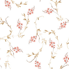 Seamless watercolor pattern with vintage floral swirl and tiny pink blossoms. Hand drawn illustration. Botanical background for fabric, textile, wrapping, packaging, and romantic stationery design © Eva Gentle