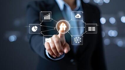 Business professional interacting with a modern technology interface displaying data analysis and communication icons for enhanced corporate strategies