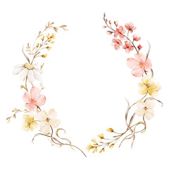 Fototapeta premium Field wildflowers, herbs, and leaves. Watercolor floral frame with hand-drawn wreath illustration. Isolated template in soft pastel tones. Ideal for summer designs, kids' products, and baby goods