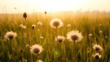 Fototapeta premium Soft cotton grass blooms in golden sunrise light