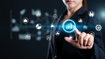 Businesswoman touching digital interface with data analytics and cloud computing for global business solutions and future technology