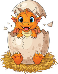 Cartoon Baby Dragon Hatching — Orange Fantasy Creature with Blue Eyes, Wings, and Cracked Egg in Straw Nest for Kids’ Designs