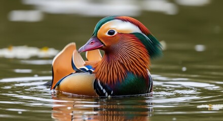 Vibrant mandarin duck gracefully swims in calm water with elegant plumage