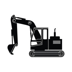 Silhouette of Excavator with Articulated Arm and Bucket. Heavy Duty Excavator Silhouette for Earth Moving Projects. Excavator Icon for Construction and Demolition Sites. Tracked Excavator.