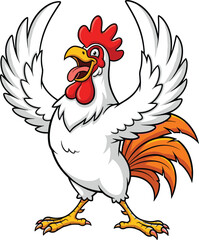 Cartoon Rooster Crowing — White Feathers, Red Comb, Yellow Beak, and Orange Tail in Dynamic Pose for Farm and Kids’ Designs