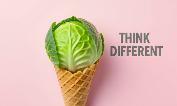 Cabbage in Ice Cream Cone on Pink Background with 'Think Different' Text - Powered by Adobe