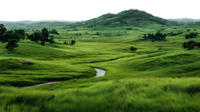 photography landscape grasslands and forests, vibrant green, isolated on white background