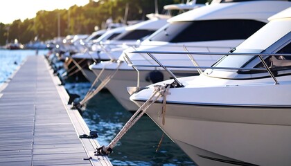 White boats moored on a dock at sunset