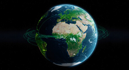Global network connectivity depicted with earth model and green data streams encircling the planet