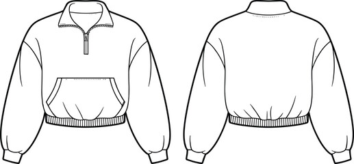Pullover sweatshirt technical drawing, front and back views, half-zip collar, kangaroo pocket, ribbed cuffs, ribbed hem, fashion sketch, garment template, apparel illustration.