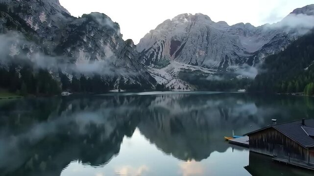 Early Morning Aerial of Lago di Braies with Emerald Water Reflection