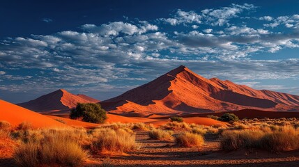 Sunrise over red desert peaks