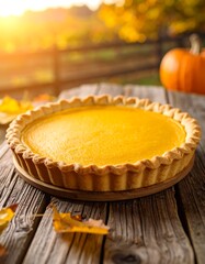 Pumpkin pie on rustic wooden table