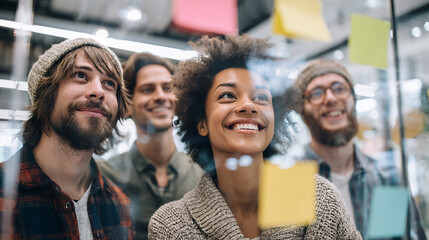 A diverse tech startup team brainstorming ideas with sticky notes on a glass board in a modern office.