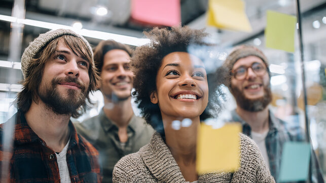A diverse tech startup team brainstorming ideas with sticky notes on a glass board in a modern office.
