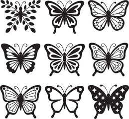 Fototapeta premium Stylized Butterfly Silhouettes Collection – Black Vector Insect Icons for Crafts & Design