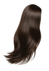 Long dark brown, smooth, healthy, lustrous human hair flowing dynamically, isolated on clean transparent background with copy space, no shadows, high-angle. Concept for hair care advertising
