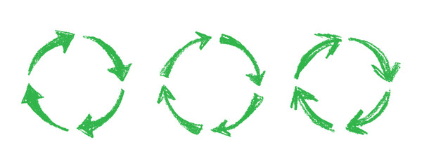 Set of hand drawn recycle arrow icon Recycling resources symbol Reuse of materials, zero waste, green environment, saving the planet