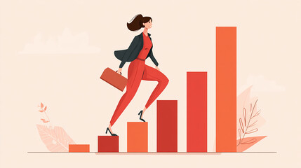 Businesswoman climbing bar chart with steps showing business growth stages.
