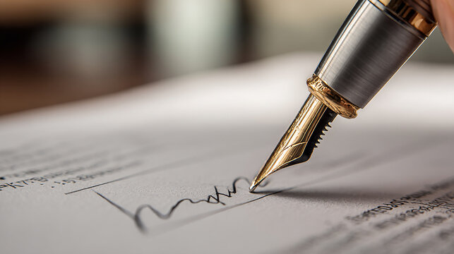 Close-up of pen touching signature line on business report - Powered by Adobe