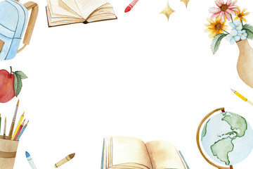 Back to school theme background or frame painted with watercolor. Isolated frame on white background containing school supplies.