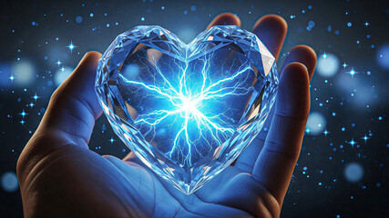 Hand Holding Glowing Blue Heart-Shaped Diamond; Mystical, Powerful, Energy Concept