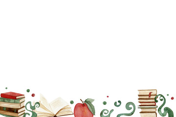 Obraz premium Watercolor seamless frame with books, apple and magic patterns of abstract shape. Illustration on educational theme in magic style.
