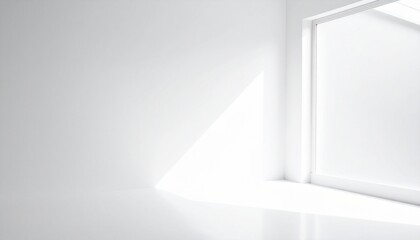 Minimalist white interior with geometric shadows and natural light entering through an open window.

