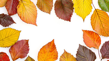 A vibrant collection of colorful autumn leaves forms a natural frame on a white background.