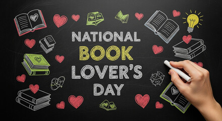 National book lovers day celebrated with chalk drawings on a chalkboard