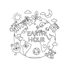 Adorable Cartoon Animals Celebrate Earth Hour:  Line Art Illustration, Eco-Friendly Theme,  Black and White Design.