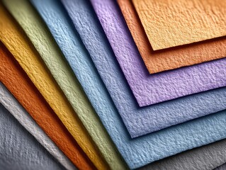 Close-up of layered, textured papers in a spectrum of colors