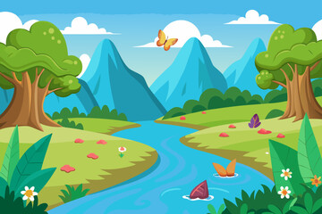 Cartoon River Background With Butterflies